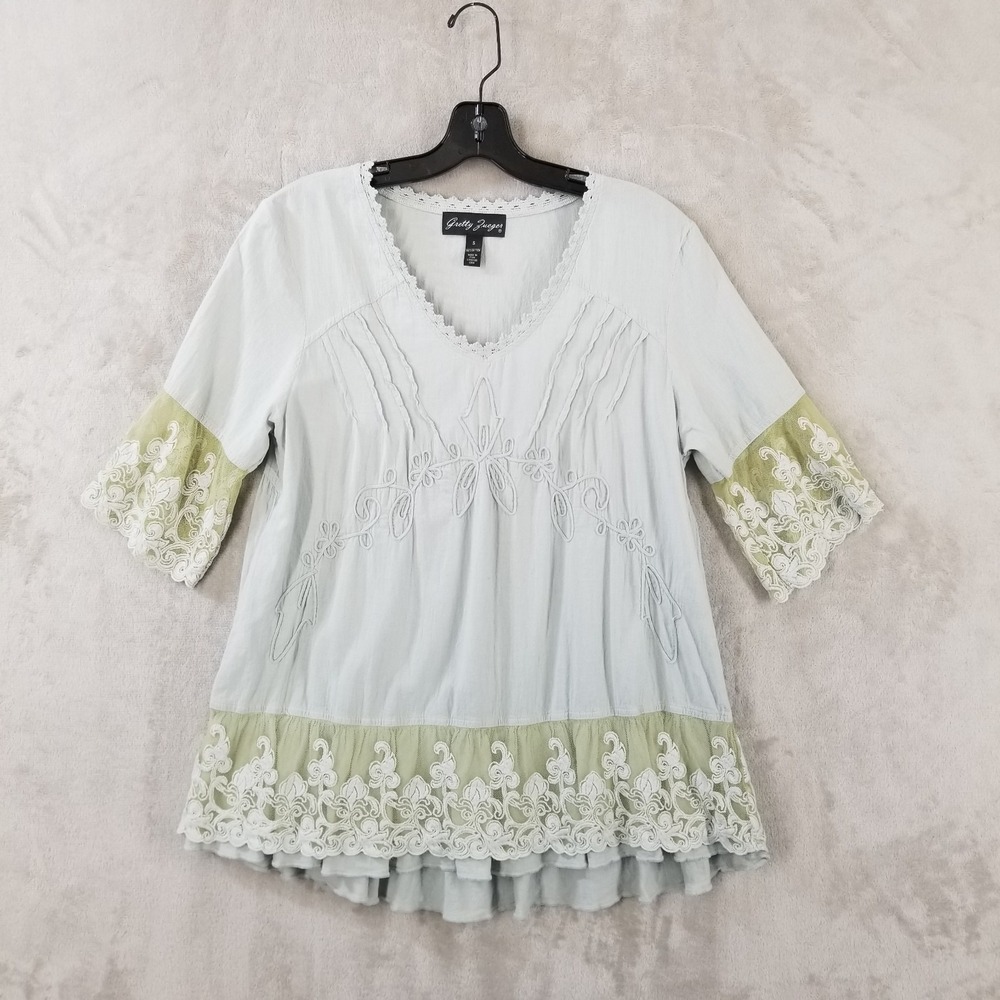 Gretty Zueger Top Women S Embroidered‎ Lace 100% Cotton Gauze Peasant Boho Flowy